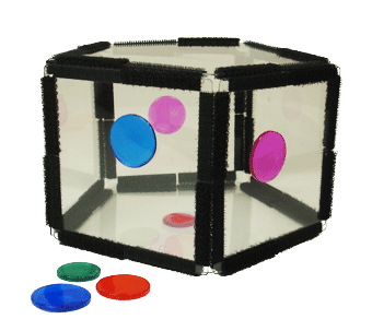 Pentagonal prism with round gell stickers attached to its faces