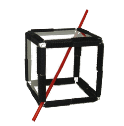 Cube with a rod inserted through the opposite vertices and showing a diagonal